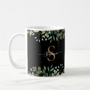Caneca De Café Elegante Eucalipto Botânico Dourado Monograma Scri