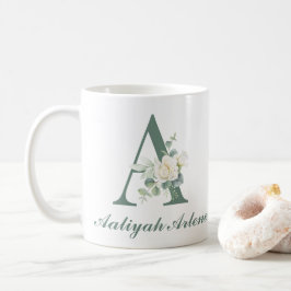 Caneca De Café Elegante Eucalyptus e Rosa personalizado A inicial