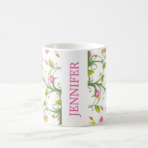 Caneca De Café Elegante floral do marinho da videira do rosa do