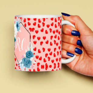 Caneca De Café Elegante Floral em Azul Empoeirado e Corações Verm