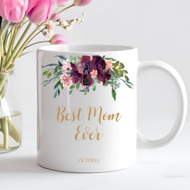 Caneca De Café Elegante Floral Melhor Mãe De Sempre (Personalized Best Mom Ever Mug. All Text can be changed to fit your needs!)