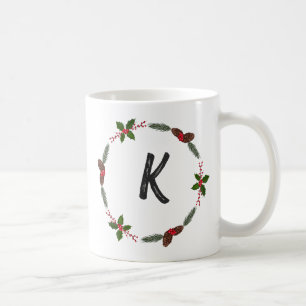 Caneca De Café Elegante Floral Wreath Monograma Natal Inicial