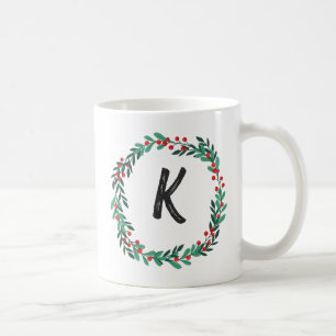 Caneca De Café Elegante Floral Wreath Monograma Natal Inicial