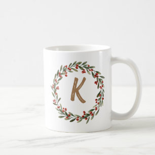 Caneca De Café Elegante Floral Wreath Monograma Natal Inicial