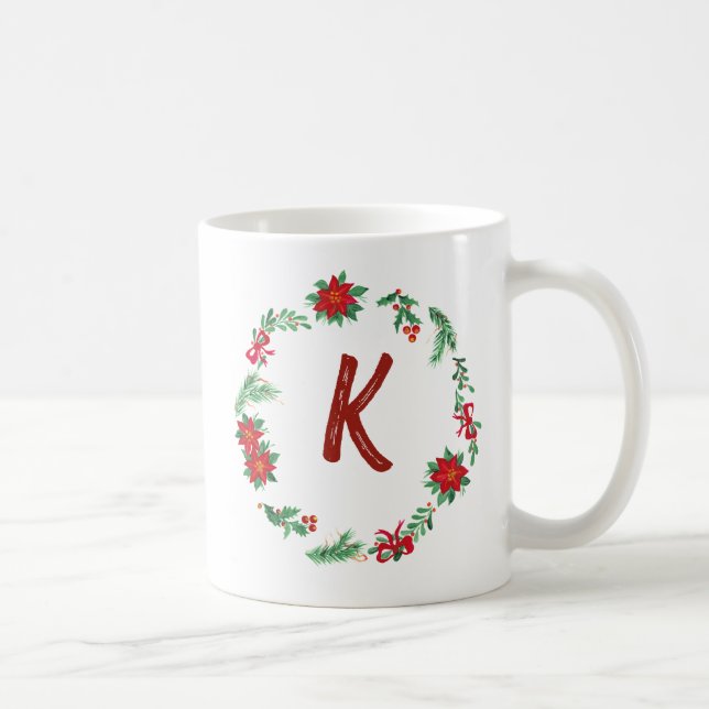 Caneca De Café Elegante Floral Wreath Monograma Natal Inicial (Direita)