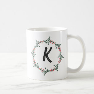 Caneca De Café Elegante Floral Wreath Monograma Natal Inicial