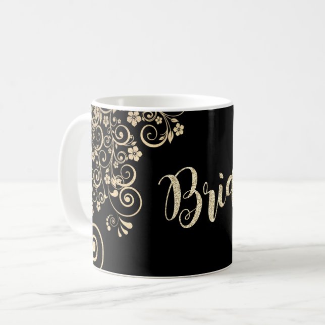 Caneca De Café Elegante Flores Douradas Chiques, Noiva (Frente Esquerda)