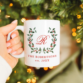 Caneca De Café Elegante Holly Berry Wreath Monograma Personalizad