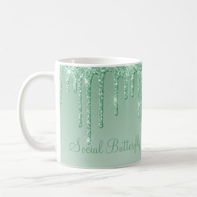 Caneca De Café Elegante Ice Green Glitter Script Sparkle Modern (Esquerda)
