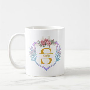 Caneca De Café Elegante Inicial Botânica e Rosa Rosa e Dourado