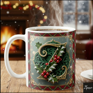 Caneca De Café Elegante Inicial de Natal em Ouro com Azevinho Let