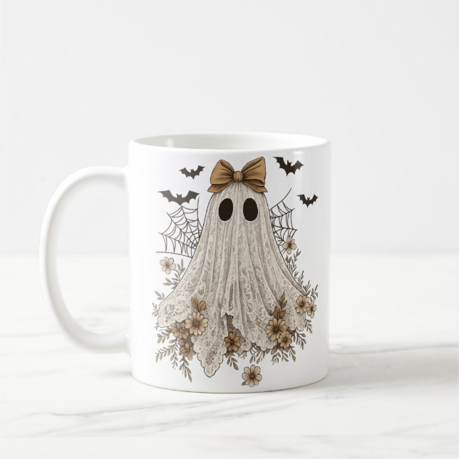 Caneca De Café Elegante Lace Ghost com Arco | Floral Ghost (Esquerda)