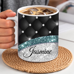 Caneca De Café Elegante lantejoulas preto azul monograma feminino
