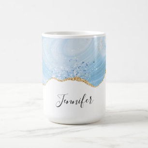 Caneca De Café Elegante Legal Agate Azul e Borda Dourada da Largu