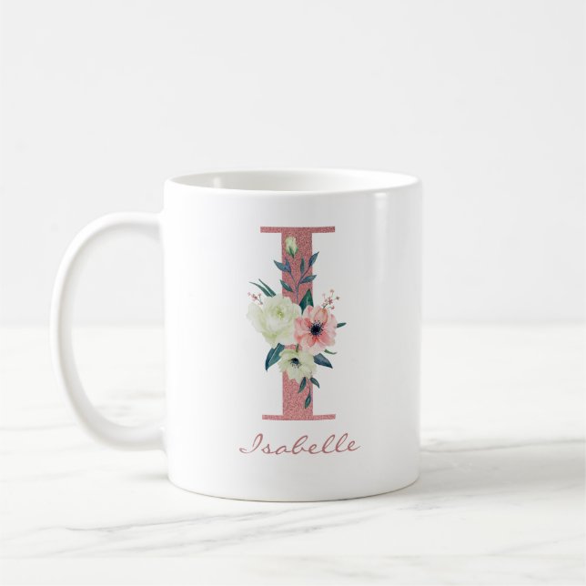 Caneca De Café Elegante - Letra Floral I Rosa e Buquê de Marfim (Esquerda)