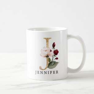 Caneca De Café Elegante Letra J em Dourado com Flor Rosa e Bordo