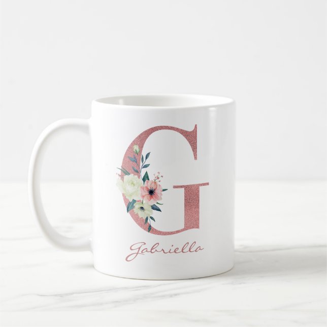 Caneca De Café Elegante - Letra oral G rosa e Buquê marfim (Esquerda)