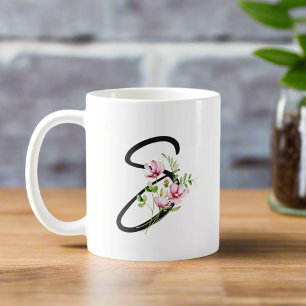 Caneca De Café Elegante - Letra "S" Floral Preta