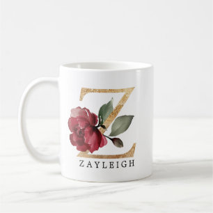 Caneca De Café Elegante Letra Z Flor Burgundy Dourada