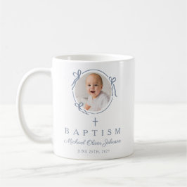 Caneca De Café Elegante Menino Azul Empoeirado Foto Batismo