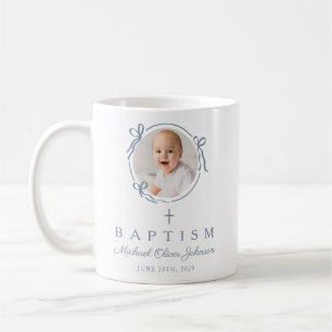 Caneca De Café Elegante Menino Azul Empoeirado Foto Batismo