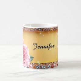 Caneca De Café Elegante Moldura de Rosa e Joia