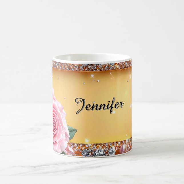 Caneca De Café Elegante Moldura de Rosa e Joia (Centro)