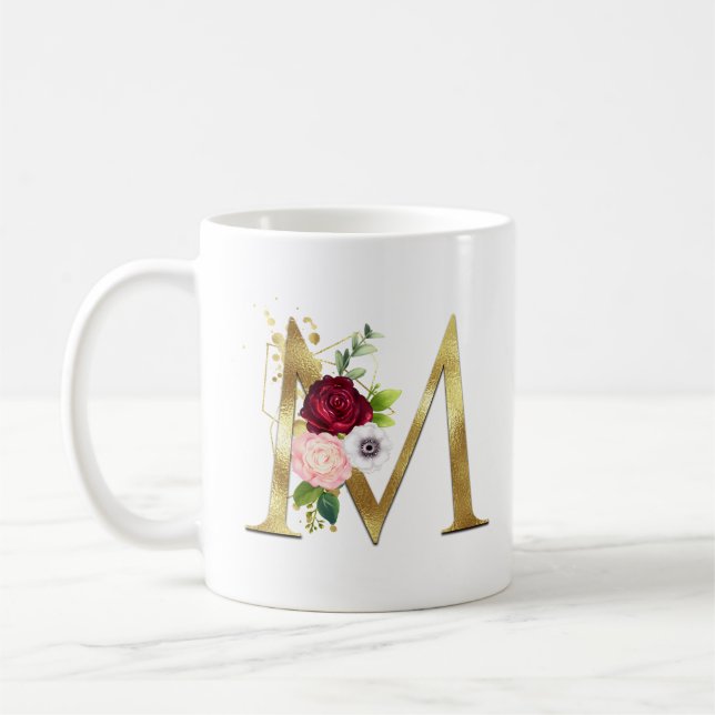 Caneca De Café Elegante Monograma de Letra M em Dourado com Rosa  (Esquerda)