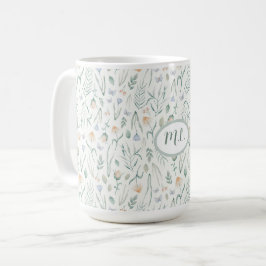 Caneca De Café Elegante Monograma de Nome Floral em Aquarela Botâ