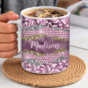 Caneca De Café Elegante monograma glitter floral roxo rosa dourad
