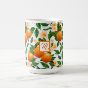 Caneca De Café Elegante Monograma Laranja Valencia e Flor