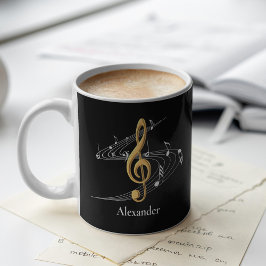 Caneca De Café Elegante Musical Treble Clef Black Dourado Persona