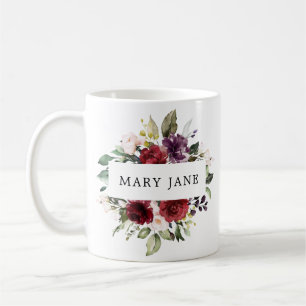 Caneca De Café Elegante Nome Floral em Aquarela com Bege Borgonha