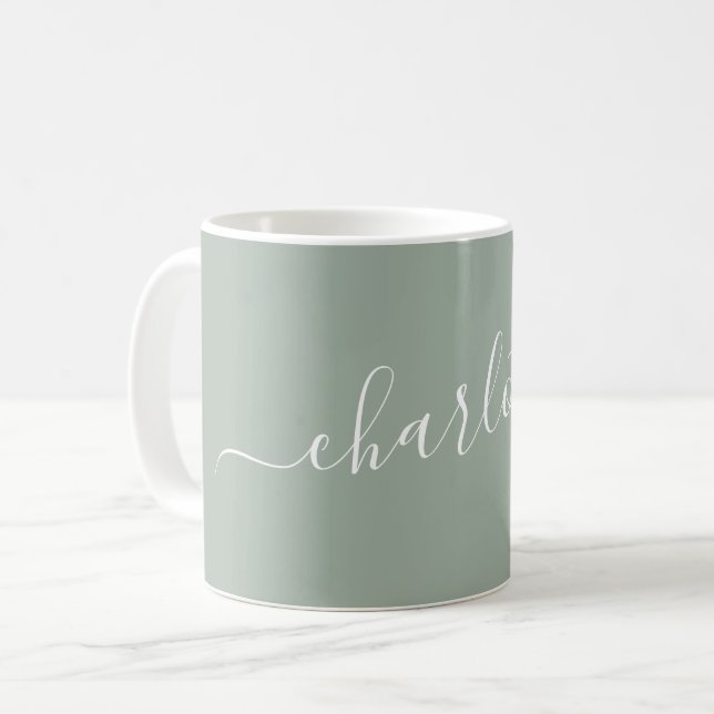Caneca De Café Elegante Nome Personalizado Moderno em Script Sage (Frente Esquerda)