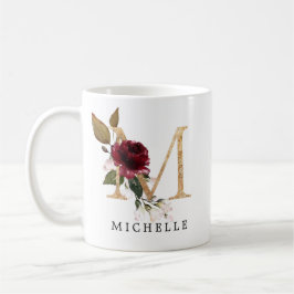 Caneca De Café Elegante Ouro Borgonha e Flores Bege Letra M