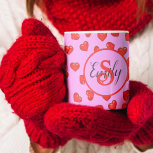 Caneca De Café Elegante Padrão cardíaco vermelho no monograma rox