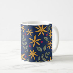 Caneca De Café Elegante Padrão Floral Amarelo sobre Azul