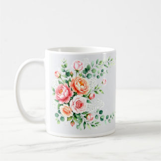 Caneca De Café Elegante Peônia Rosa em Aquarela e Flora de Rosa A