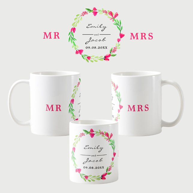Caneca De Café Elegante Pink Floral Wreath MR. (Elegant Pink Floral Wreath MR MRS Wedding Names Coffee Mug)