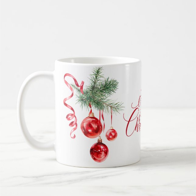Caneca De Café Elegante Red Ornament Feliz Feriado de Natal (Esquerda)