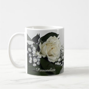 Caneca De Café Elegante & Romântica Rosa Branca Personalizada