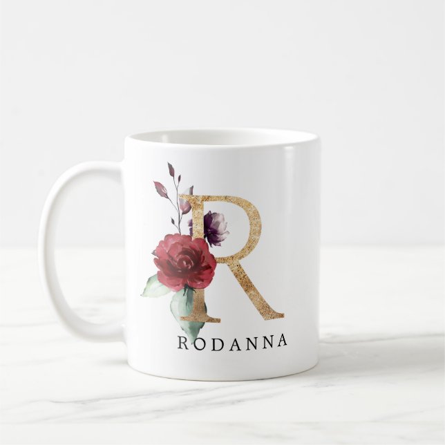 Caneca De Café Elegante Rosa Flor Letter R Dourado (Esquerda)
