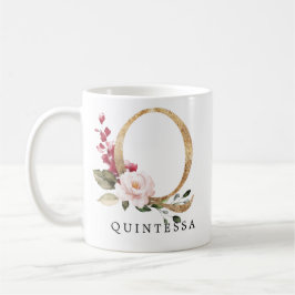 Caneca De Café Elegante Rosa Flores Carta Q Dourado