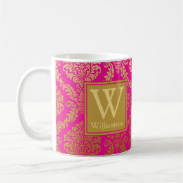 Caneca De Café Elegante, rosa quente e Dourado, Damasco personali