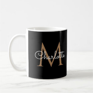 Caneca De Café Elegante Rótulo Feminino Preto Dourado Monograma