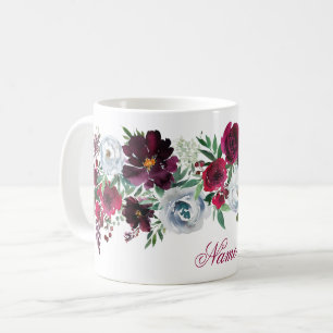 Caneca De Café Elegante Rustic Burgundy Blue Rosas and Peonies