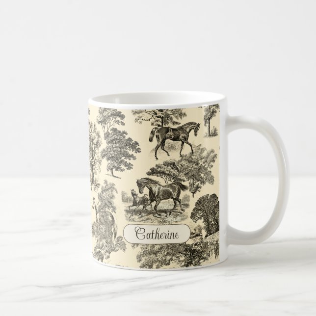 Caneca De Café Elegante Rústico Cavalos Árvores Bege Bege Toile (Direita)