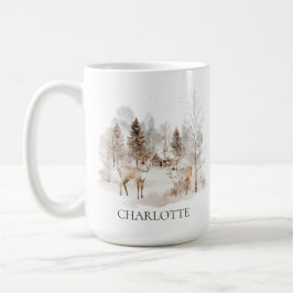 Caneca De Café Elegante Rústico Inverno Floresta Rena