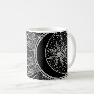 Caneca De Café Elegante Silver Sun Moon Mandala Black Design