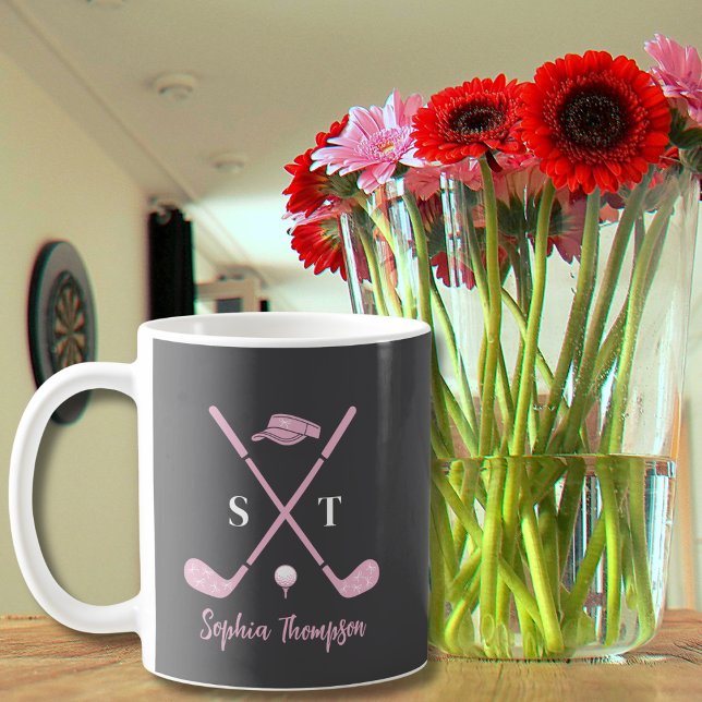Caneca De Café Elegante Taco de Golfe Rosa com Laços Brancos Aniv (Criador carregado)